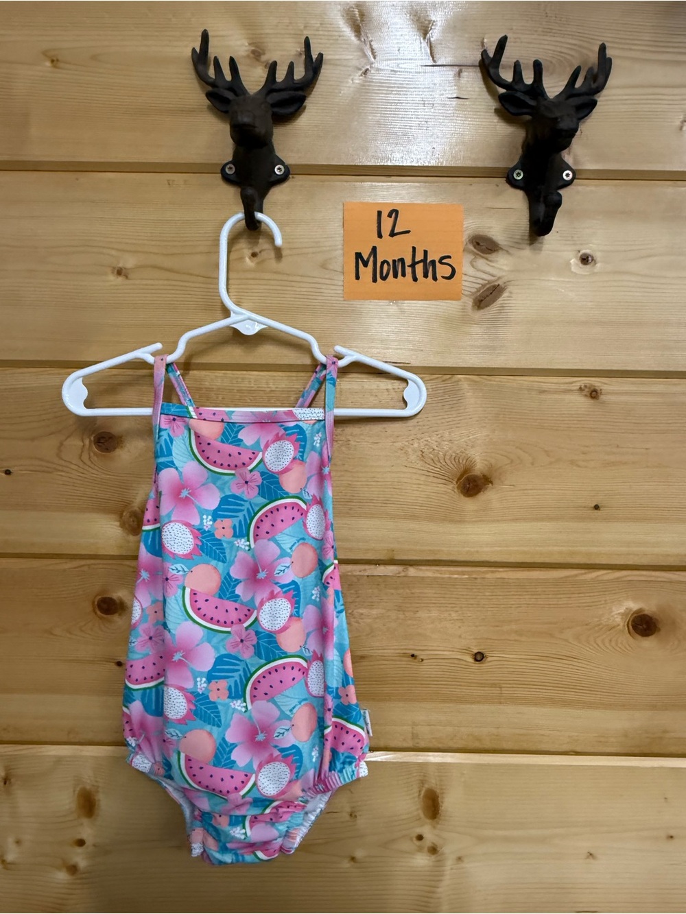 Kids One-Piece Swimsuit - Pink & Teal Fruit Print (12 Months)